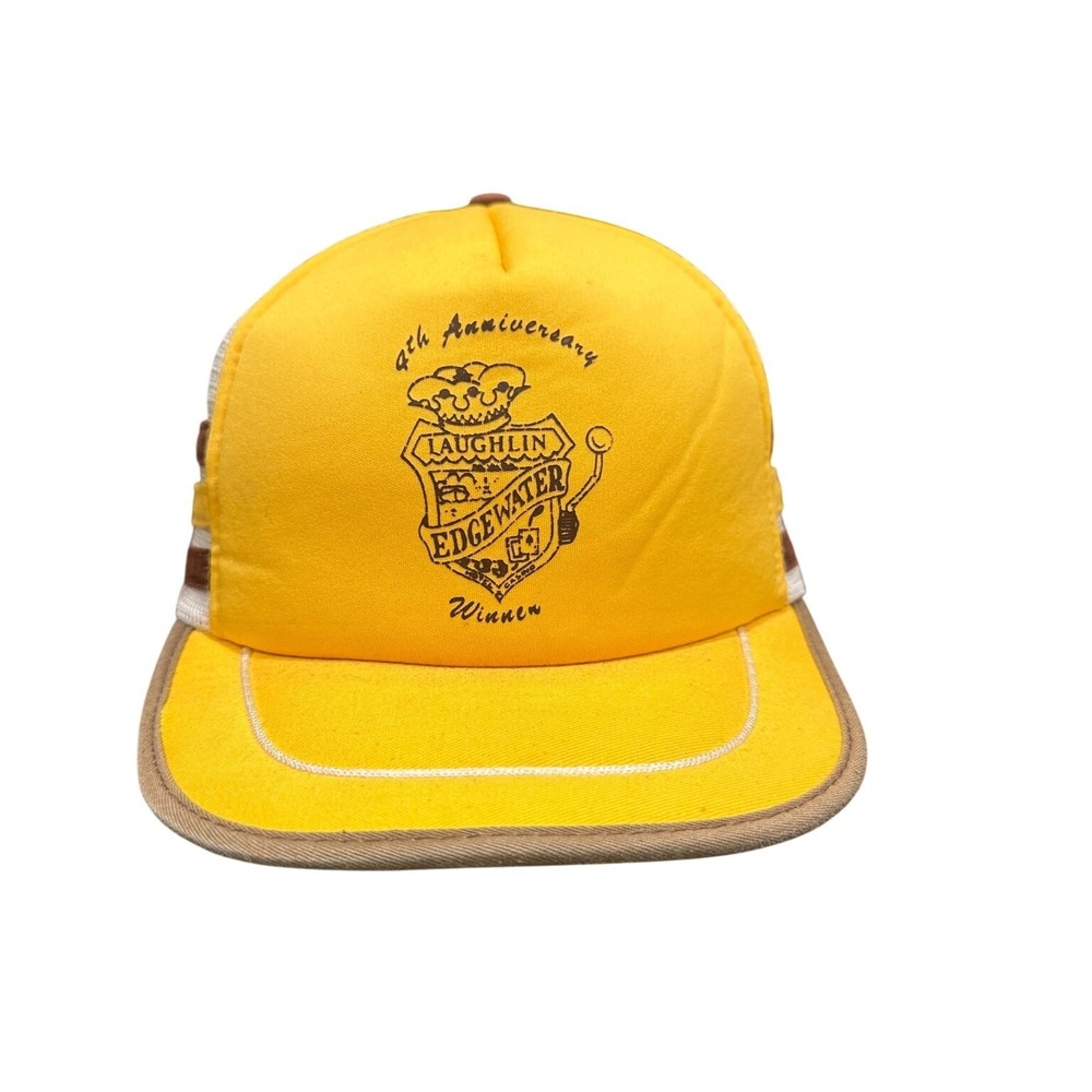 Vtg San Sun 3 Stripe Trucker Hat Cap Snapback Yellow Laughlin 4th‎ Anniversary